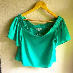 It Girl Off Shoulder Green Chiffon Butterfly Sleeve Blouse. Size Medium